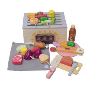 Kids Educational Wooden Kitchen Toys Set Pretend Barbecue Cooking Stove Shelf Role Play Pretend Kitchen Toys