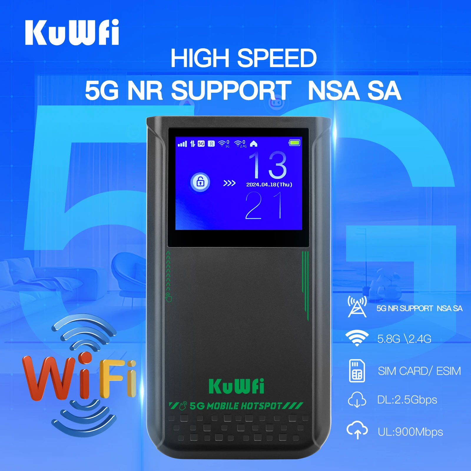 ESim KuWFi Touchable LCD Screen 5g Sim Card Router 4500mAh Battery Dual Band 3000Mbps Pocket Wifi Universal 5g Router