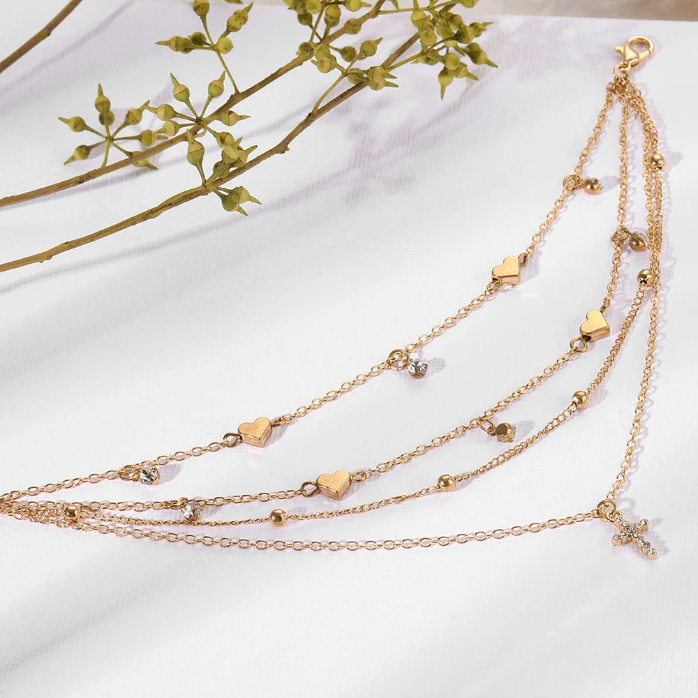 VKME Bohemia Newest Gold Multilayer Chain Anklets for Women Beach Barefoot Butterfly Cross Pendant Charm Anklets Jewelry