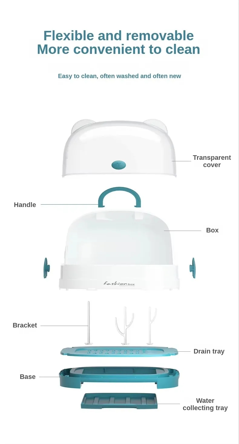 Hot Sale Plastic Baby Bottle Drying Rack Rectangle Shape with Cover and Handle-for Milk Feeding Bottle Storage manufacture