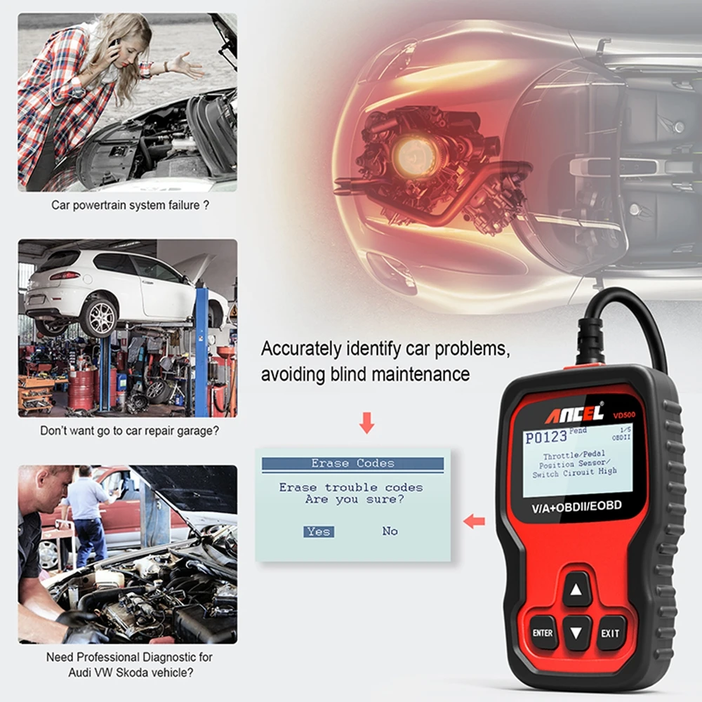 Professional Code Reader Ancel VD500 OBD2 Car Scanner Oil TPS EPB Reset Diagnostic Tool for VW OBD 2 Car Diagnosis Scanner