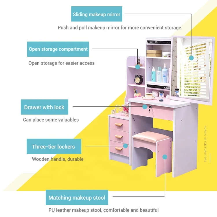 Home Furniture Women New Model Elegant pink Rectangle Mirror Dresser Table for Bedroom with Low Stool
