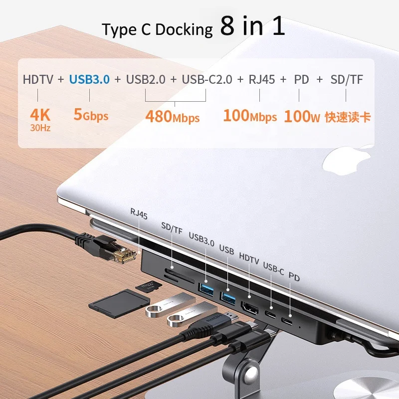 Welcome OEM Order, Factory Whole Selling Adjustable Laptop Stand 360 Rotating With Usb Type C Hub 8 In 1 Usb Hub Multi Function Adapter - Buy 8 In 1 Usb C Hub 4k Hdtv Usb 3.0 Sd/tf Card Reader 3.5mm Audio Jack And Gigabit Ethernet Port Type-c Docking Station usb C Hub Docking Station new Multifunction Type-c To Hd-mi Vga 9-in-1 Docking Station Usb C Hub With Base Mobile Phone Smart Adapter Wireless Charger