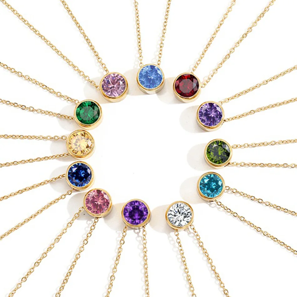 Shiny Colorful CZ Birthstone Necklace Round Stainless Steel Link Chain Necklace Boutique Birth Stone Zircon Necklace for Women