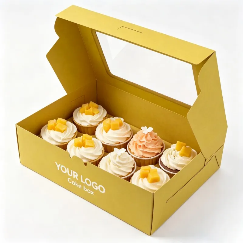 Gyári kivitelű süteményes desszert papírcsomagolás, muffin csomagoló doboz, nagykereskedelmi pékség, süti, mini muffin doboz, szójas tintás tortadoboz