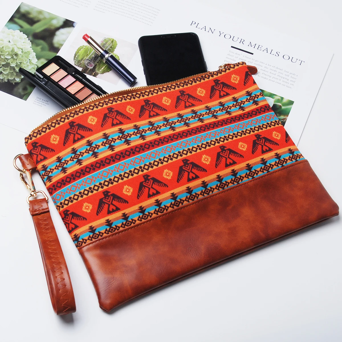 Customizable 100 Pcs Women Eagles Tribal Canvas PU Leather Wallet Traditional Orange Aztec Clutch Maya Civilization Wristlet