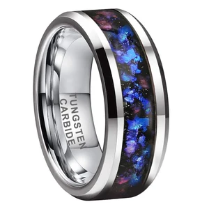 8mm Tungsten Rings for Men Women Orion Nebula Opal Galaxy Inlay Engagement Wedding Band Beveled Edges Polished Comfort Fit
