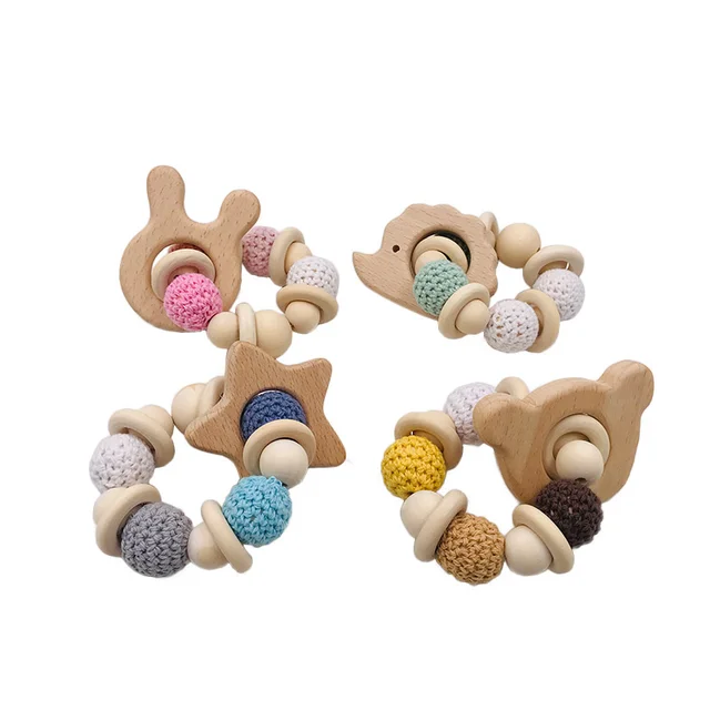 wholesale Beech wood baby toy cartoon animal teeth toy DIY wooden bead toy baby teeth bracelet