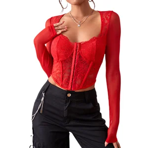 OEM/ODM Tight Corset Lace Sexy Embroider Bustier Top for Women Tube Waist Trainer Corset Top Long Sleeve
