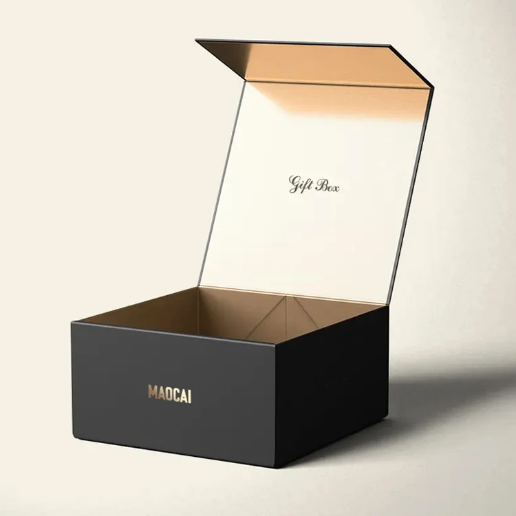 Open black gift box with text