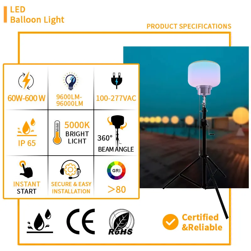 Factory High Quaily Portable Tripod LED Dimmable RGB Mobile Balloon Lights Tower for Outdoors Industrial Events Camping Lighting