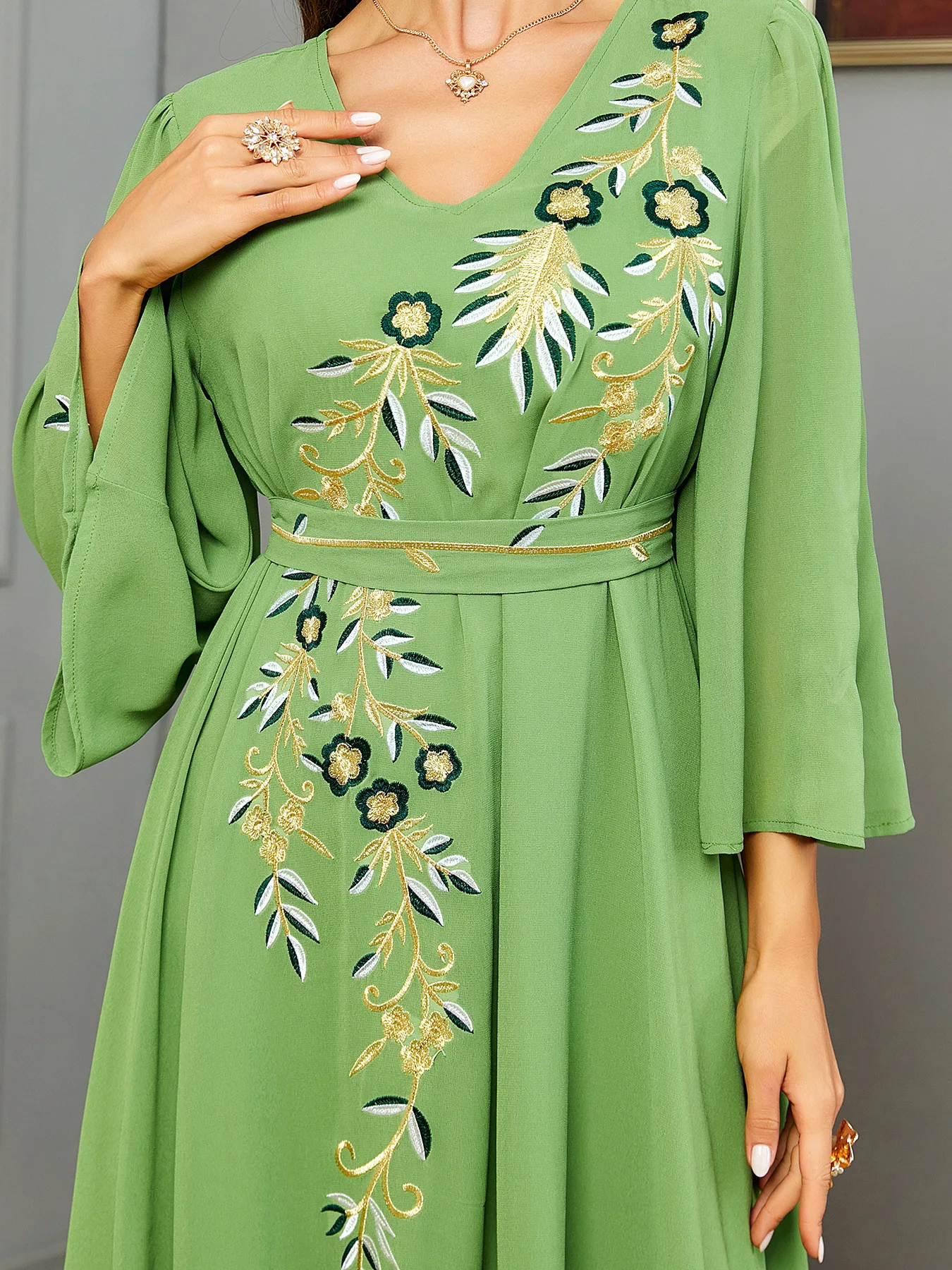 Empire V-neck Green Chiffon Muslim Long Dress for Women, OEM