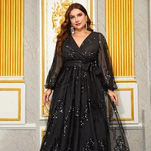 Women Sexy Temperament Long Sleeve V-neck Black Long Evening Prom Dresses