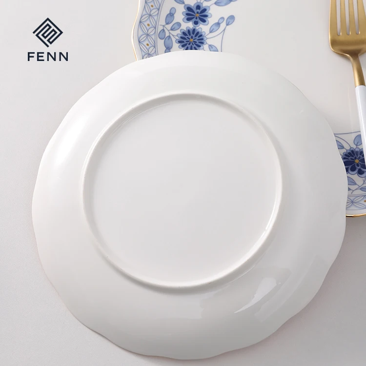 FENN factory wholesale blue and white retro porcelain tableware luxury western restaurant ceramic dinner plates sets dinnerware