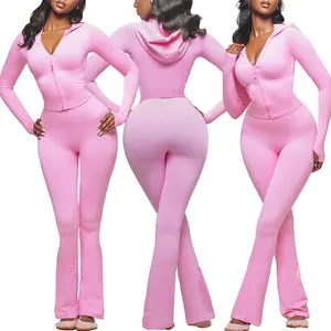 Huili Custom logo Slim Fit Stretch Flare Legging Pants & Zip up Crop Top Outfits Activewear Sets Women Two Piece Loungewear Set