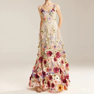High Quality Mesh Sunflower Floating Embroidered 3D Flower Net Tulle Lace Dress  for Party Prom Wedding Maxi Ruffled Dresses