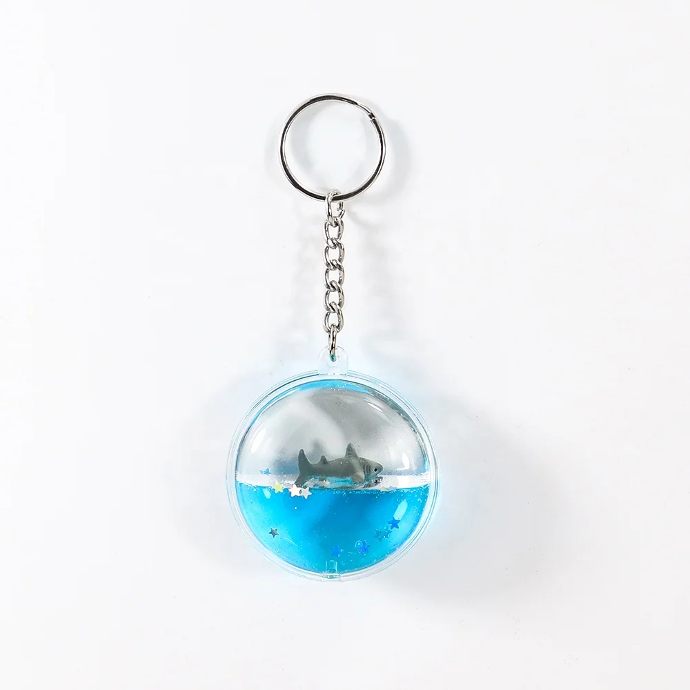 Round Shark Floaty Liquid Quicksand Oil Waterfall Floating Blue Water Glitter Powder Flow Fluid Bubble Key Chain
