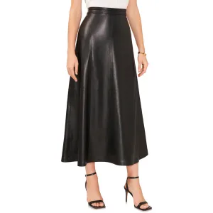Women's Black Faux Leather A-Line Midi Skirt-Natural Waist Elegant Vegan Leather Autumn Eco-Friendly