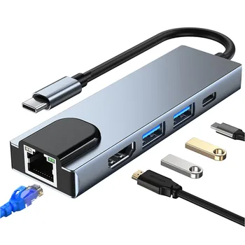 5 in 1 USB-C 3.0 Multiport USB Hub Adapter RJ45 Ethernet Lan H'DMI 4K Type C Docking Station for MacBook HP Dell Lenovo Laptop