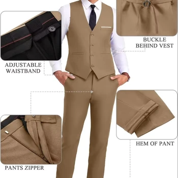 Men's 3-Piece Slim Fit Suit 2-Button Single Breasted Groomsmen Business Jacket Vest Pant Tie Flat Front Prom