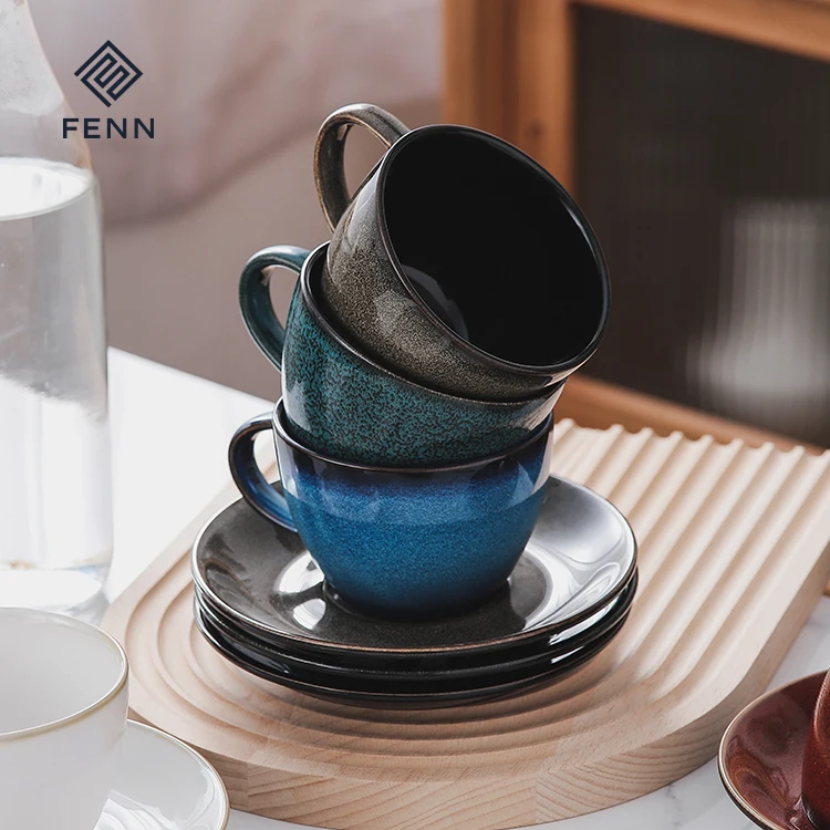 FENN Modern Drinkware Latte Cup Colorful Shiny Reactive Glazed Chinese Porcelain Cup and Saucer / Ceramic Coffee Tea Cup Set