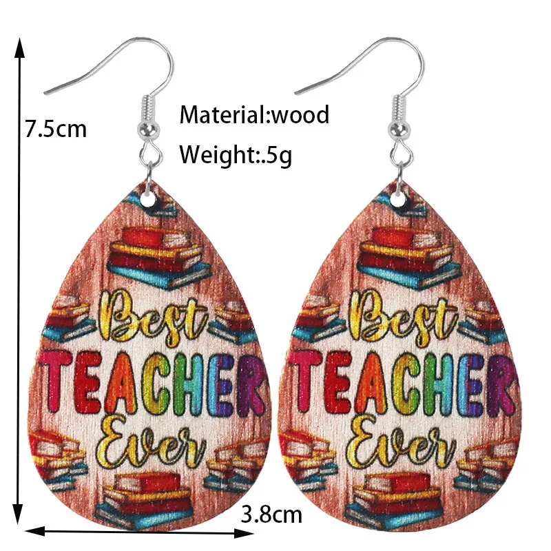 Colorful Fancy Teachers'Day Gift Water Drop Wood Pendant Earrings Learning Season Teacher Wooden Earrings