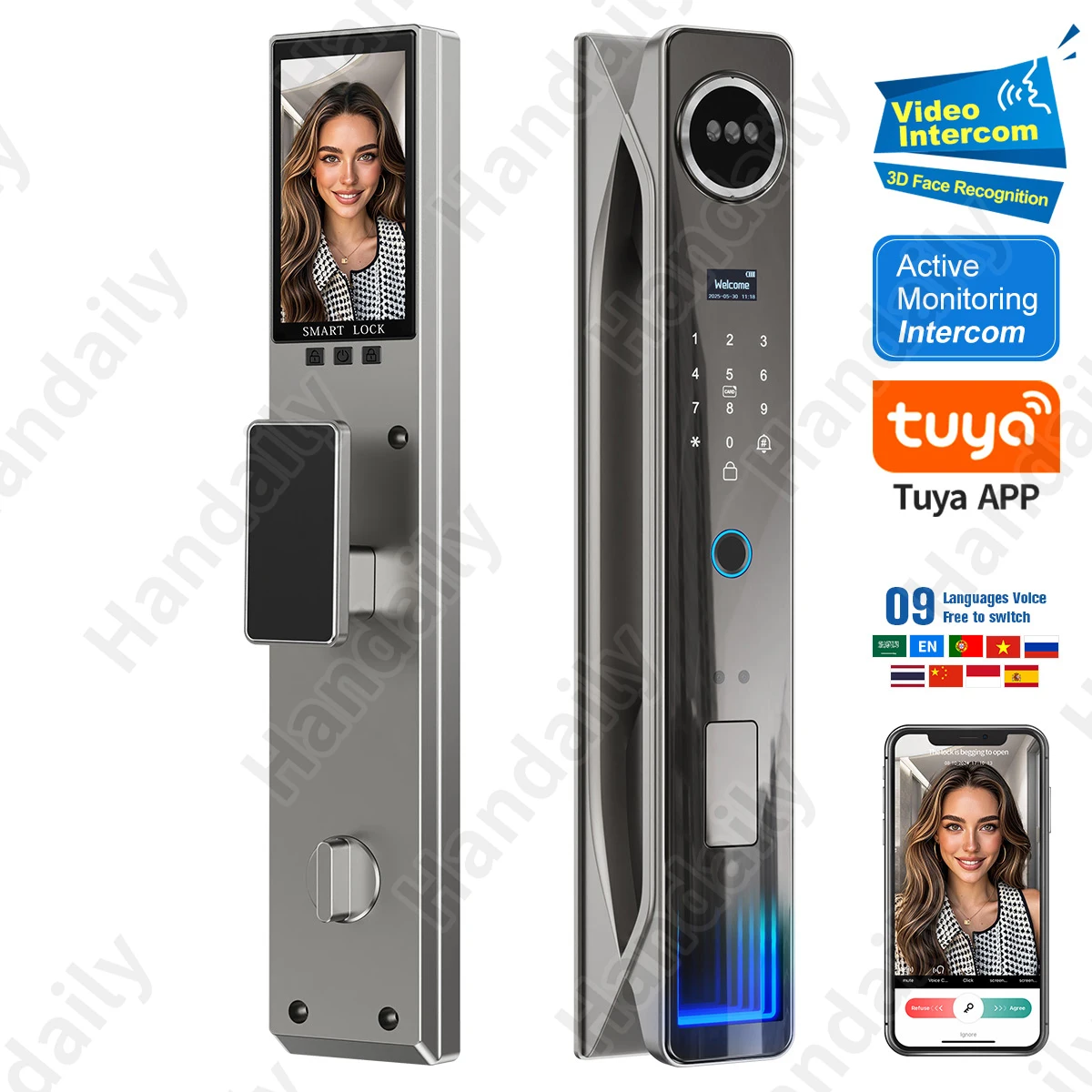 HanDaily Video Intercom 3D Face Authentication Fingerprint Door Lock Easy to Install Tuya Smart Lock Smart Home Products H26