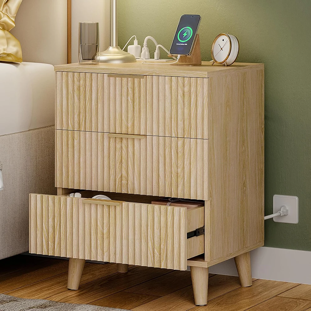 product nu deco wood 3 drawers dresser fluted night stand charging station storage modern side table bedside table bedroom entryway-0