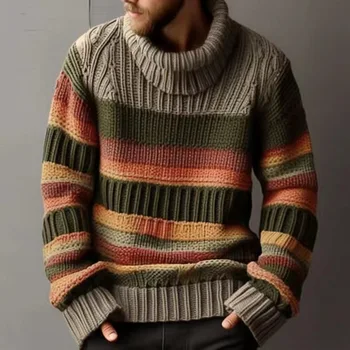 2024 Men's Anti-Wrinkle Anti-Shrink Turtleneck Sweater Jacquard Knitted Polyester Autumn/Winter Color Matching