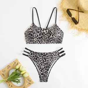 Sexy Push up Leopard Print Bikini 2-Piece Set Women Cut Backless Split Swimsuit Digital Printing OEM Service Hot Beachwear Style