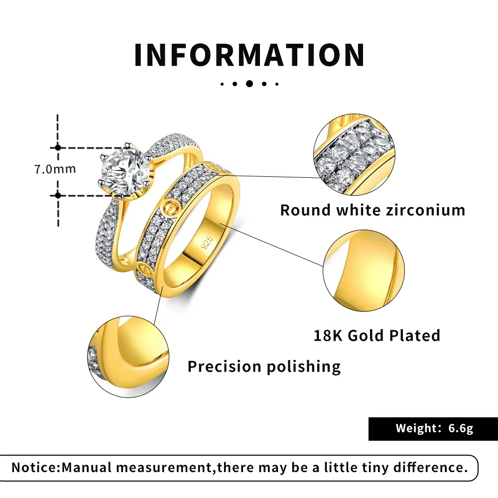 Lover Gift Jewelry Brass Gold Plated Couples Marriage Ring Engagement Fashion Ring 2Pcs Set