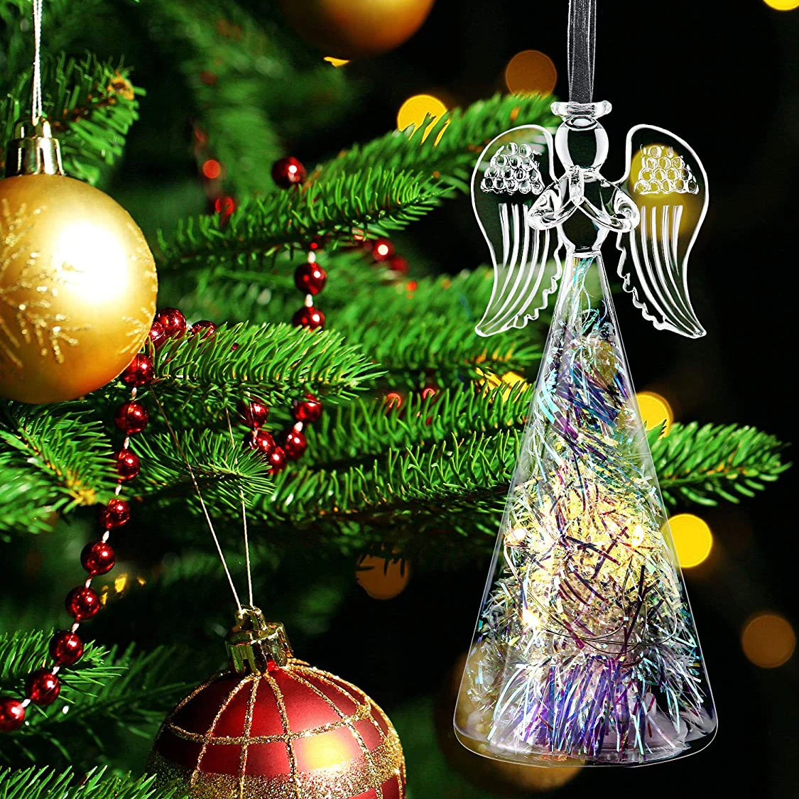 ホリデーガラスLED照明付きクリスマスエンジェルデコレーション装飾