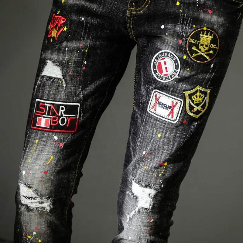 American Men's Jeans Brand Pants With Stitching Embroidery Badge,Streetwear  Crazy Fashion Zipper Washed Denim Jeans Men Pants