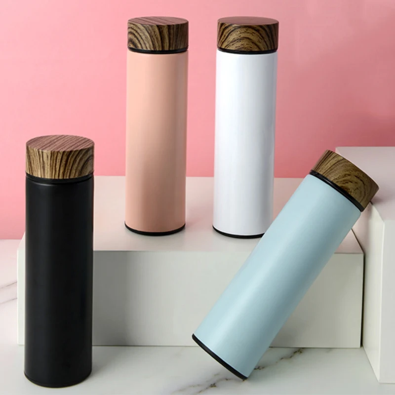 500ml wholesale stainless steel water bottles with wooden grain lid