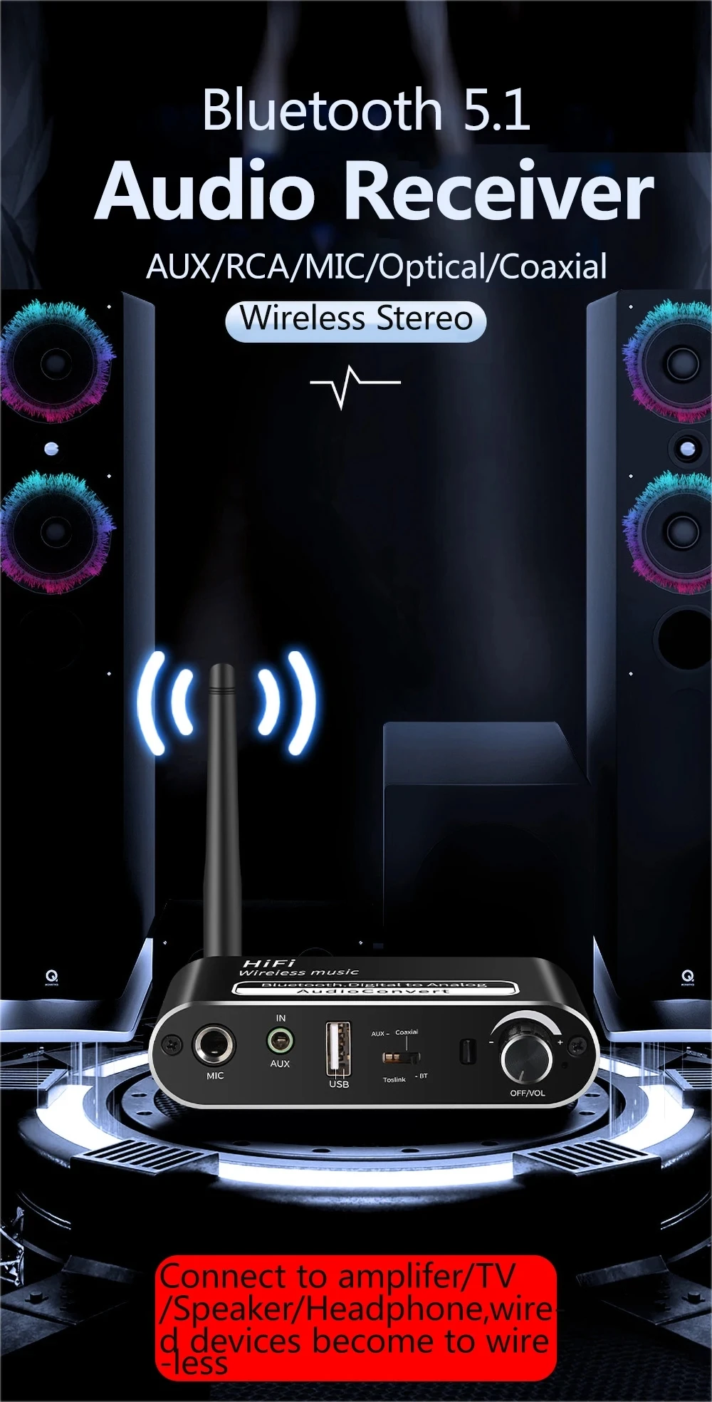 T02 Multifunction Home Audio DAC Bluetooth 5.1 Receiver Adapter With MIC Aux RCA Optical Coaxial Input Output