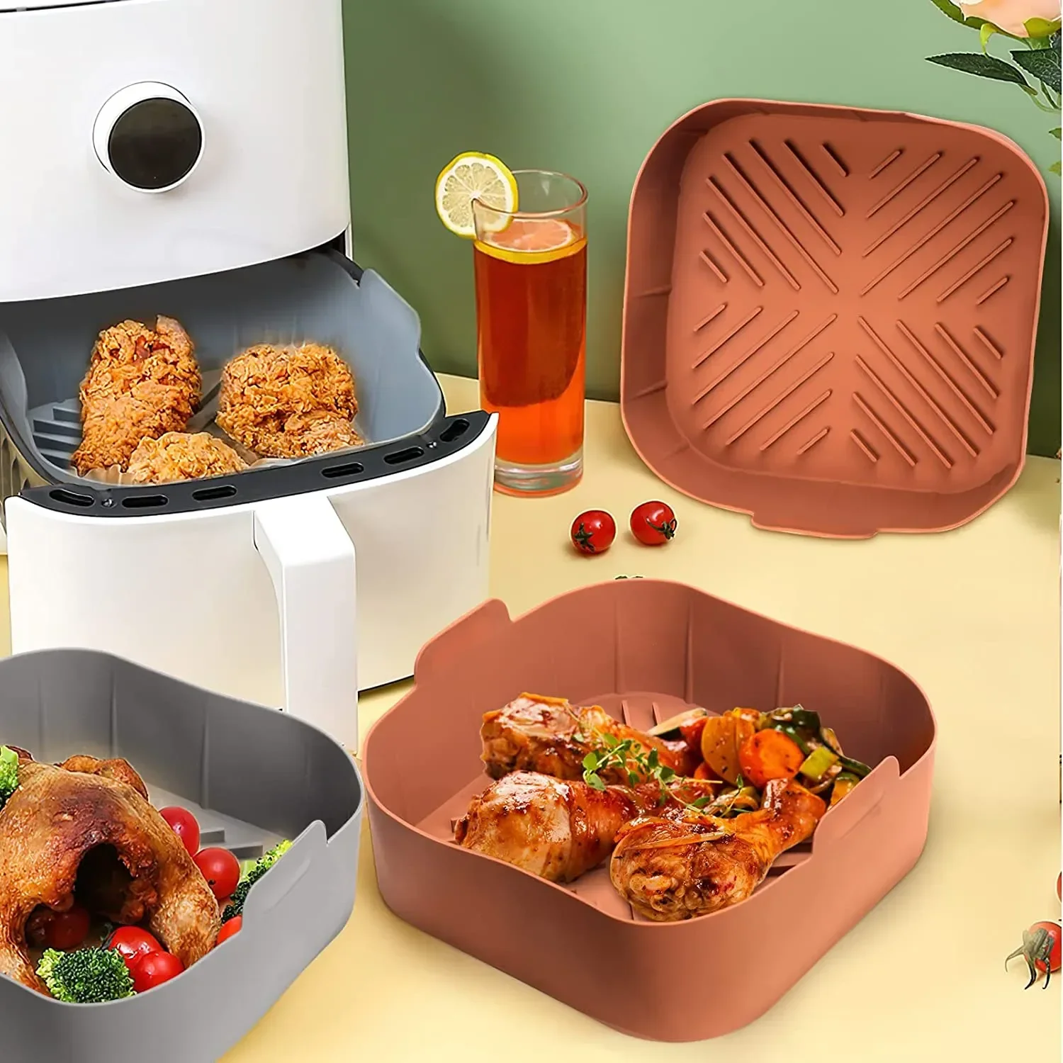 Food Grade BPA-Free Thick Reusable Silicone Oven Baking Tray Easy Clean Air Fryer Liner for Fried Pizza & Chicken Basket Baking