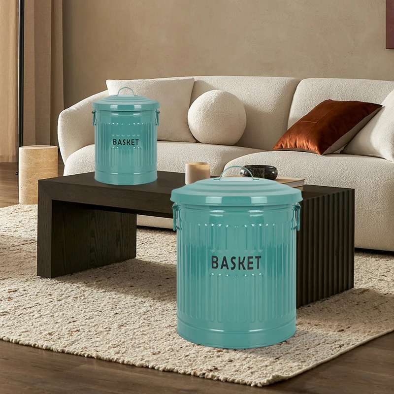 New Style Storage Container Galvanized Metal Material Storage Bucket Set of 2 Laundry Basket with Lid