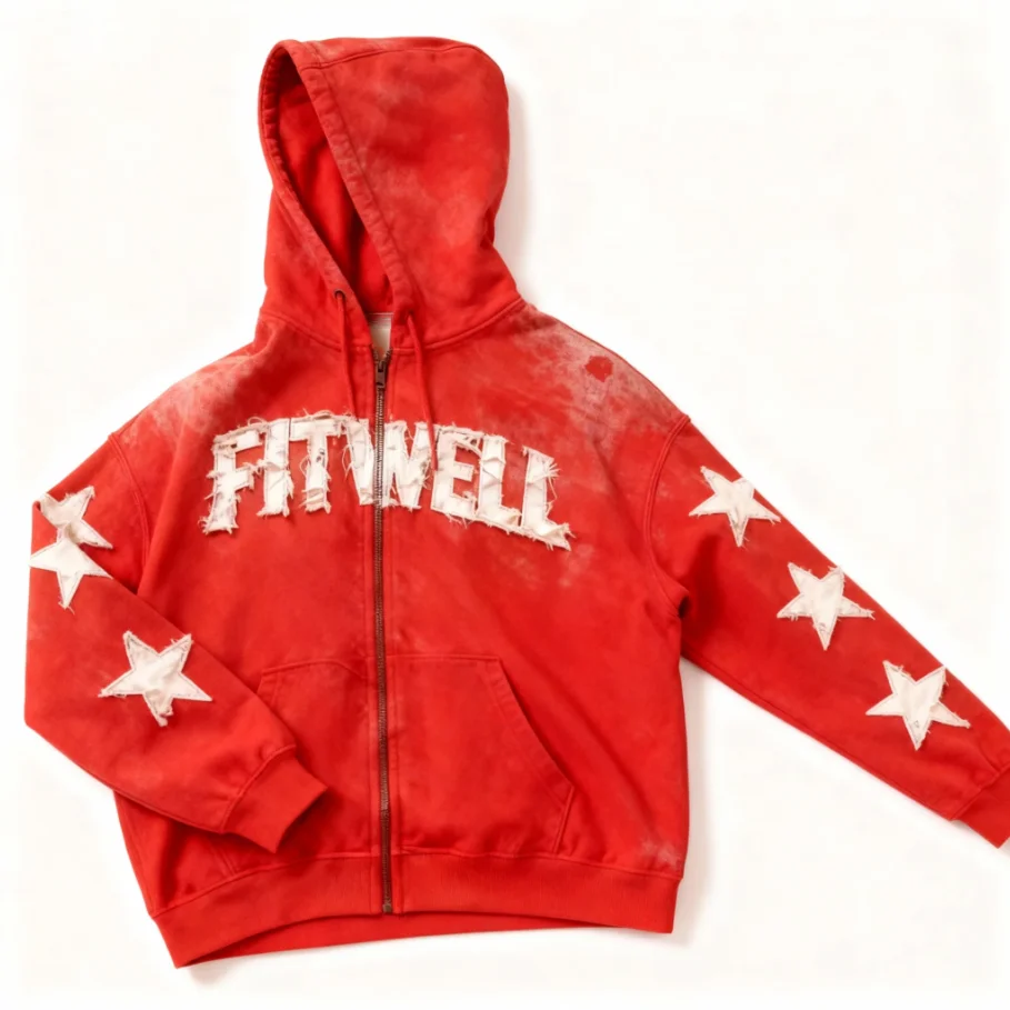 SALATI OEM& OEMStreetwear Mens Oversized Boxy Zip up Custom Logo Applique Embroidery Distressed Hoodie Manufacturer gallery 4