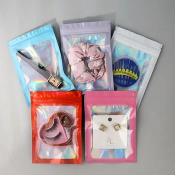 Holographic Color Plastic Mylar Gifts Packing Bags Food Packaging Pouch Smell Proof Zipper Reclosable Pouches With Window
