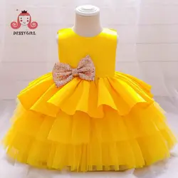 Red baby girl party dress floral christening event frock little princess skirt with free hairband
