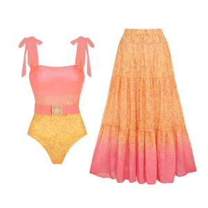 Gradient Print Women's Swimsuit Chic Swimwear Brazilian Biquini Belt Bathing Suit Summer Outfits Sexy Swimwear With Beach Dress