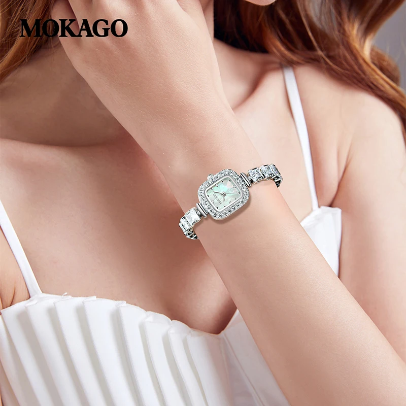MOKAGO M8132 Square Small Dial Ladies Quartz Watch Chain with Diamonds