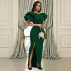 Hot sale sexy sleeveless ruffles evening high waist slim bridesmaid dresses slit green dress for girls prom dress