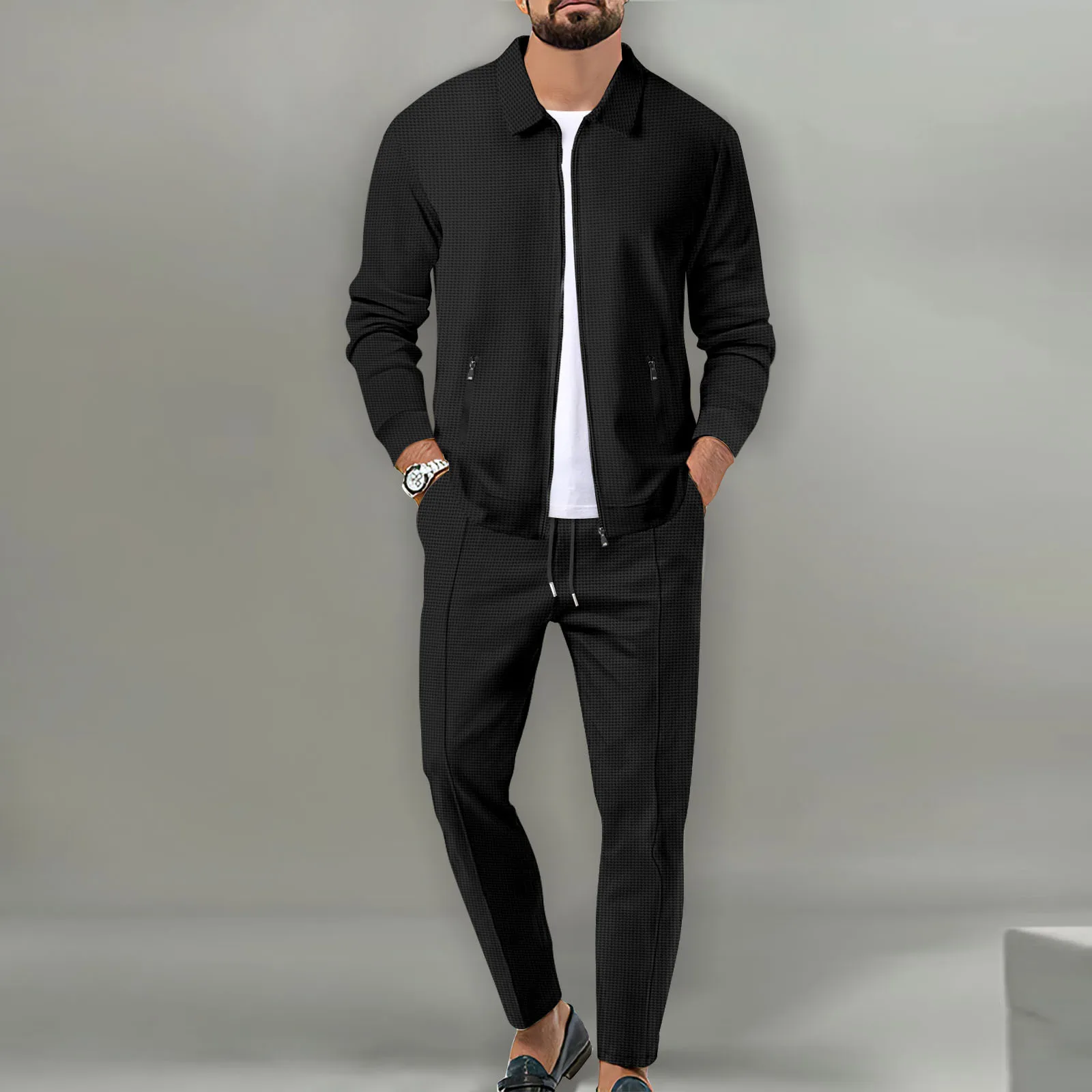 New Men Coat Pants Piece Sets Men Casual Streetwear Blank Tracksuits Zip  Neck T Shirts Track Suit Long Sleeve Men's Set