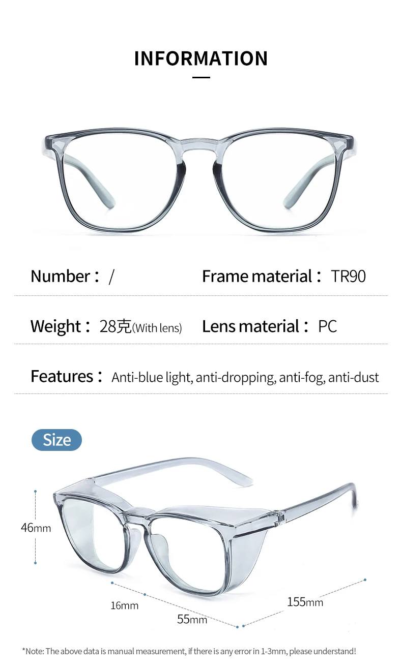 Transparent Candy Color Side Shield Anit Fog Anti Pollen Anti Dust Anti Spittle Anti BLue Light Safety Eye GlassesHot Sal