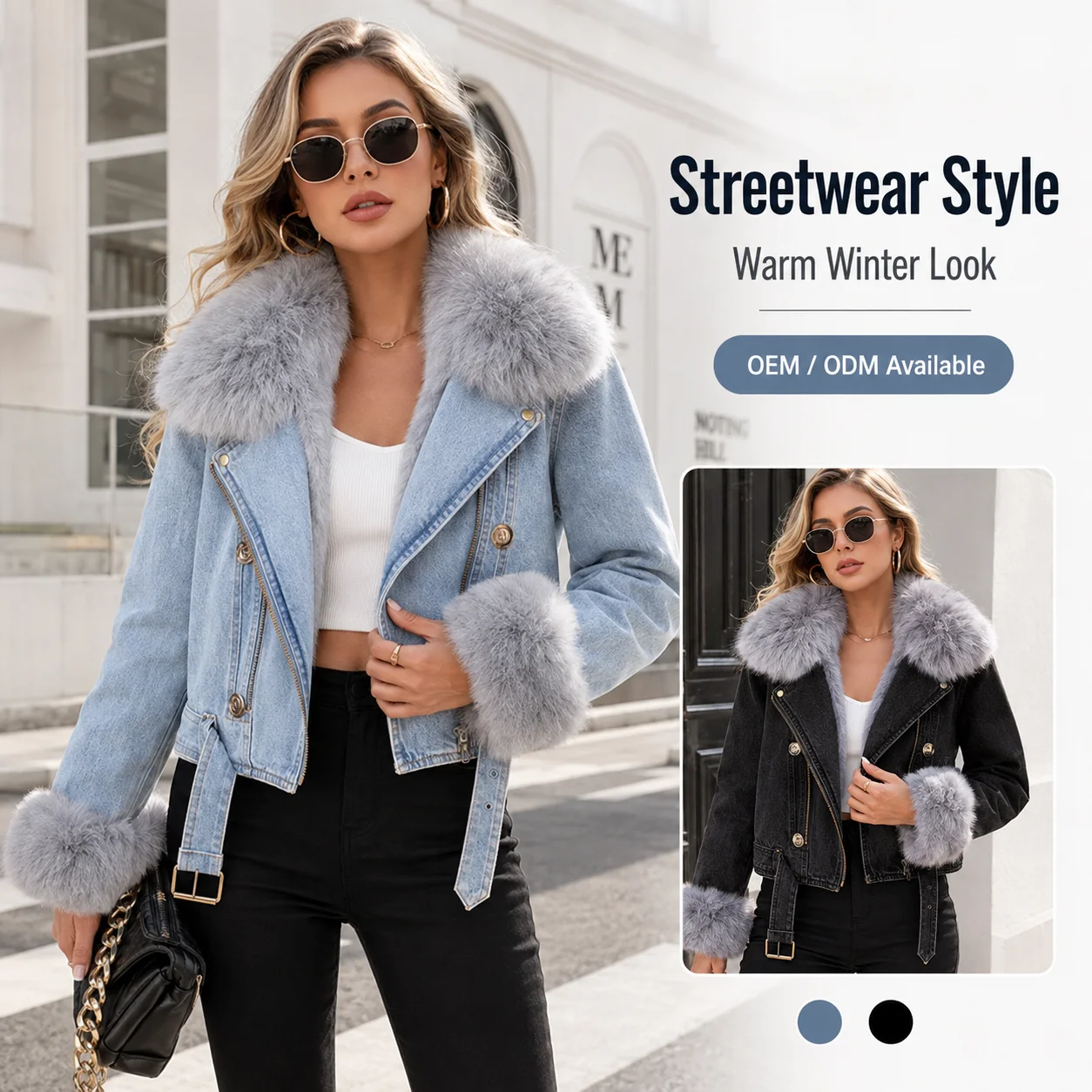 Winter Fashion Beaded Faux Fox Fur Collar Rabbit Fur Lining Thickened Warm Corduroy Coat Women's parka