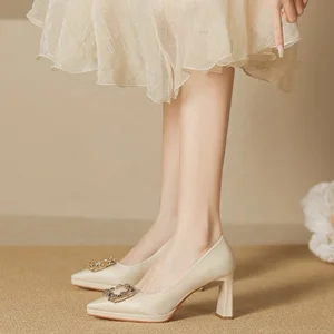Closed Toe High Top Low Heel Fabric PU Women's Wedding Dress Bridesmaid Coarse Thin Heels Slip-On High-heeled Sandal