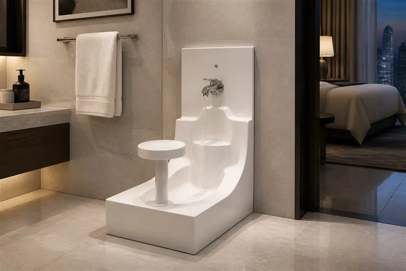 White acrylic wudu basin in a hotel suite bathroom with soft evening light