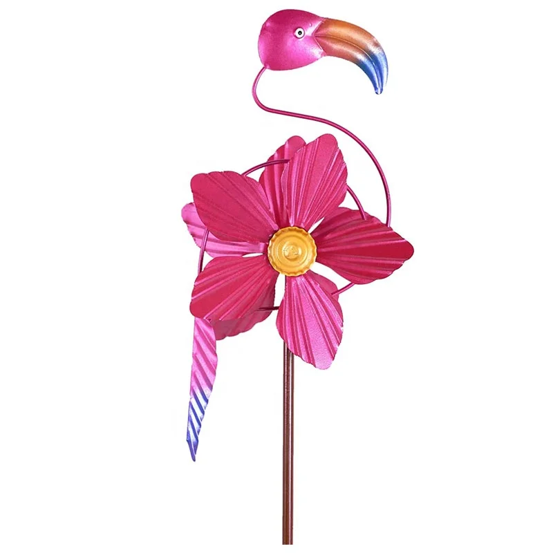 Red Metal Flamingo wind spinner Stake