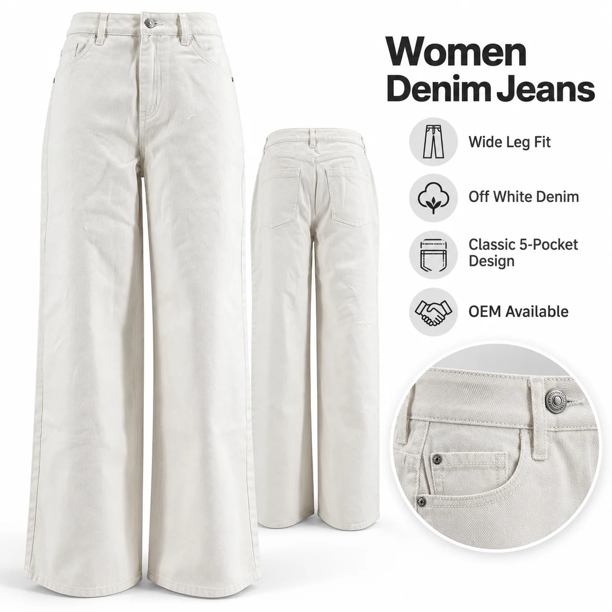 Mid Waist Barrel Wide Leg Women Jeans Off -White Stone Washed Denim Pants Denim Jeans for Women
